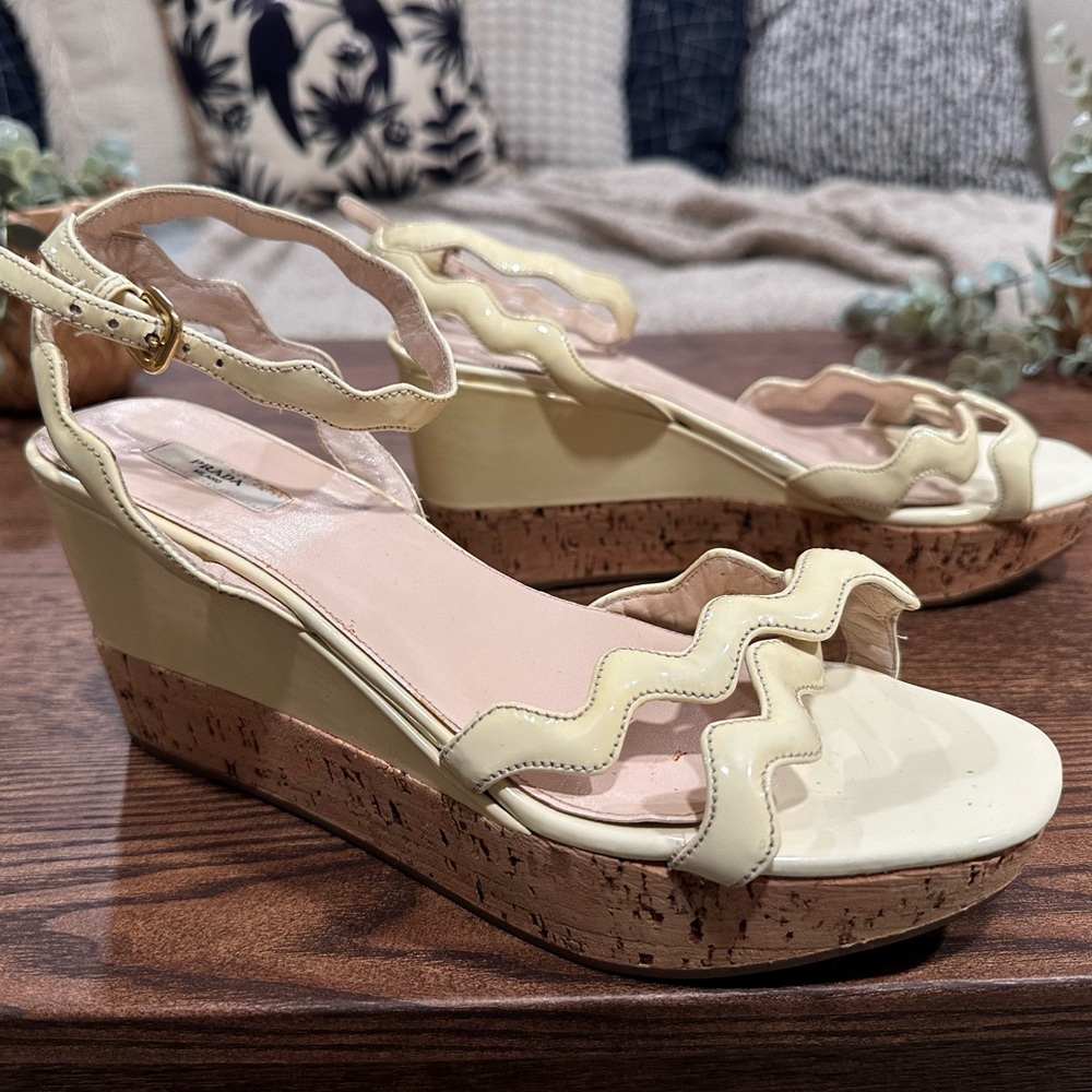 Prada Cream Wedge Shoes with Braided Straps